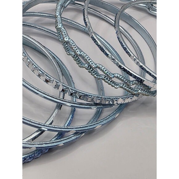 10 Stackable Silvertone & Blue Bangle Bracelet Set - Picture 2 of 4